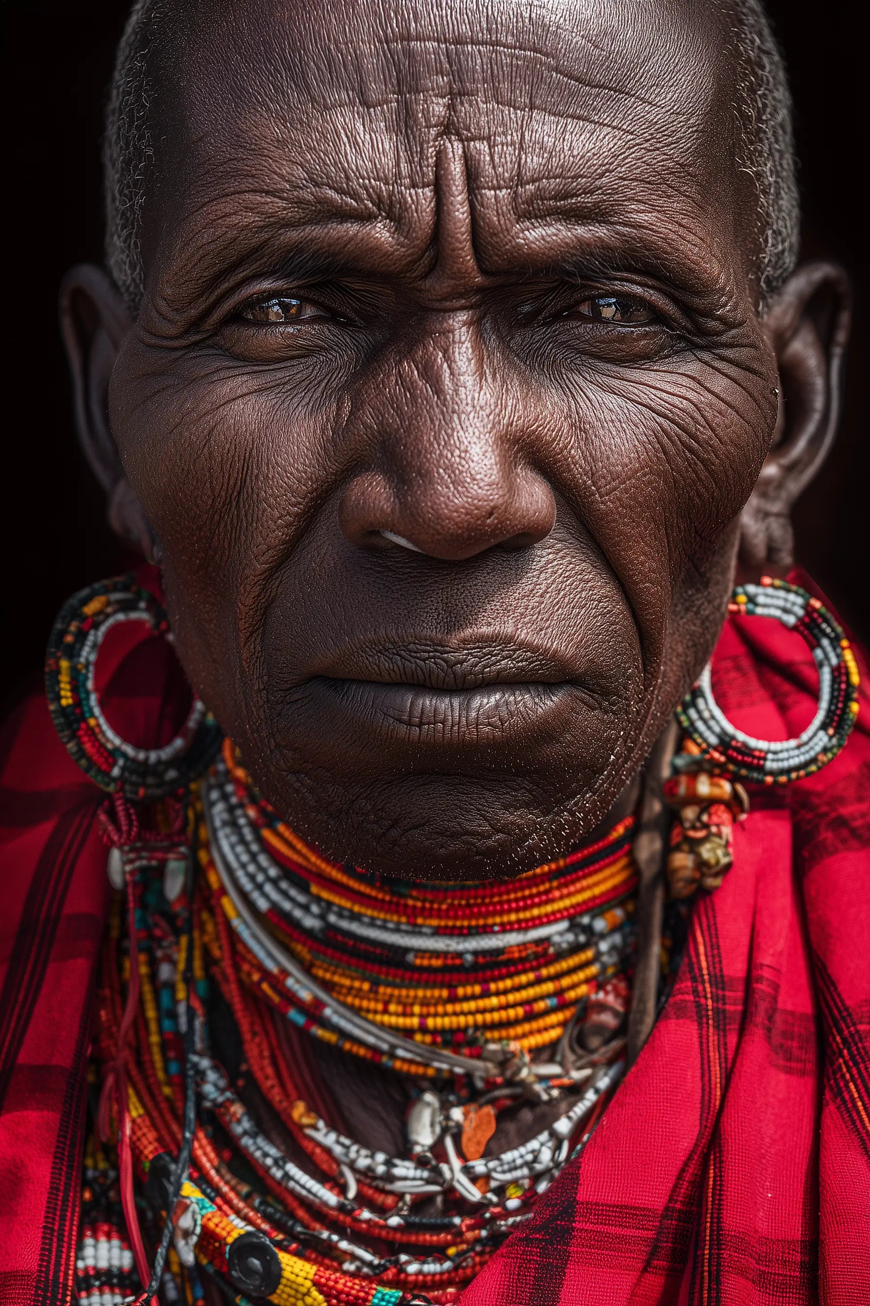 Close-up portrait of a Maasai wearing layered beaded necklaces, large hoop earrings, and a red patterned garment against a dark background.