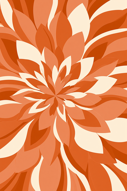 A stylized floral pattern featuring layered petal shapes in warm orange, terracotta, and cream, arranged symmetrically around a central point. Marigold flower
