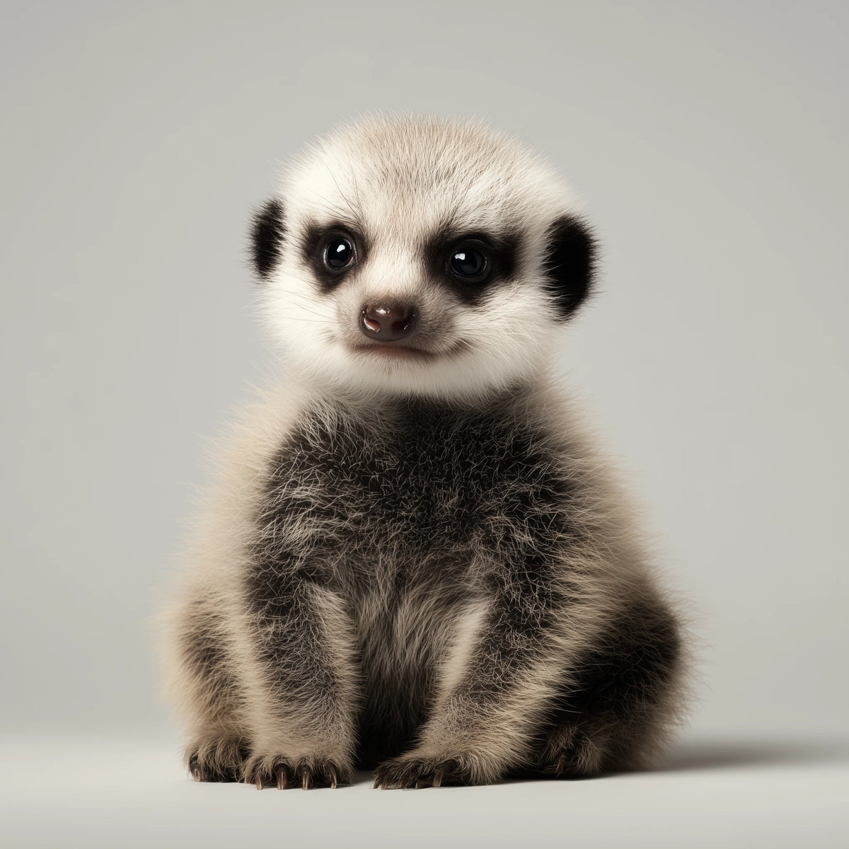 A fluffy baby meerkat sitting upright against a plain light gray studio background.