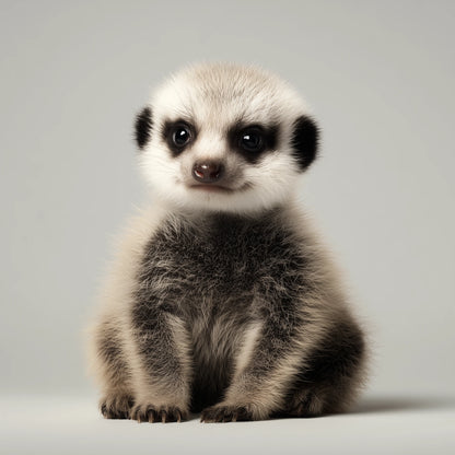 A fluffy baby meerkat sitting upright against a plain light gray studio background.