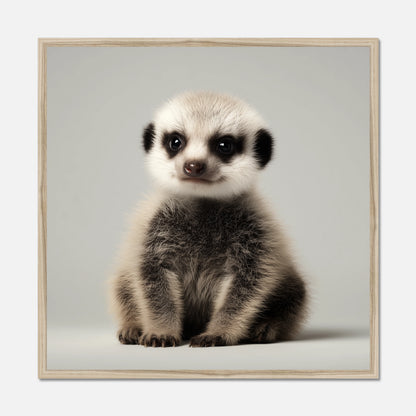 Natural oak framed print of a baby meerkat on a gray background