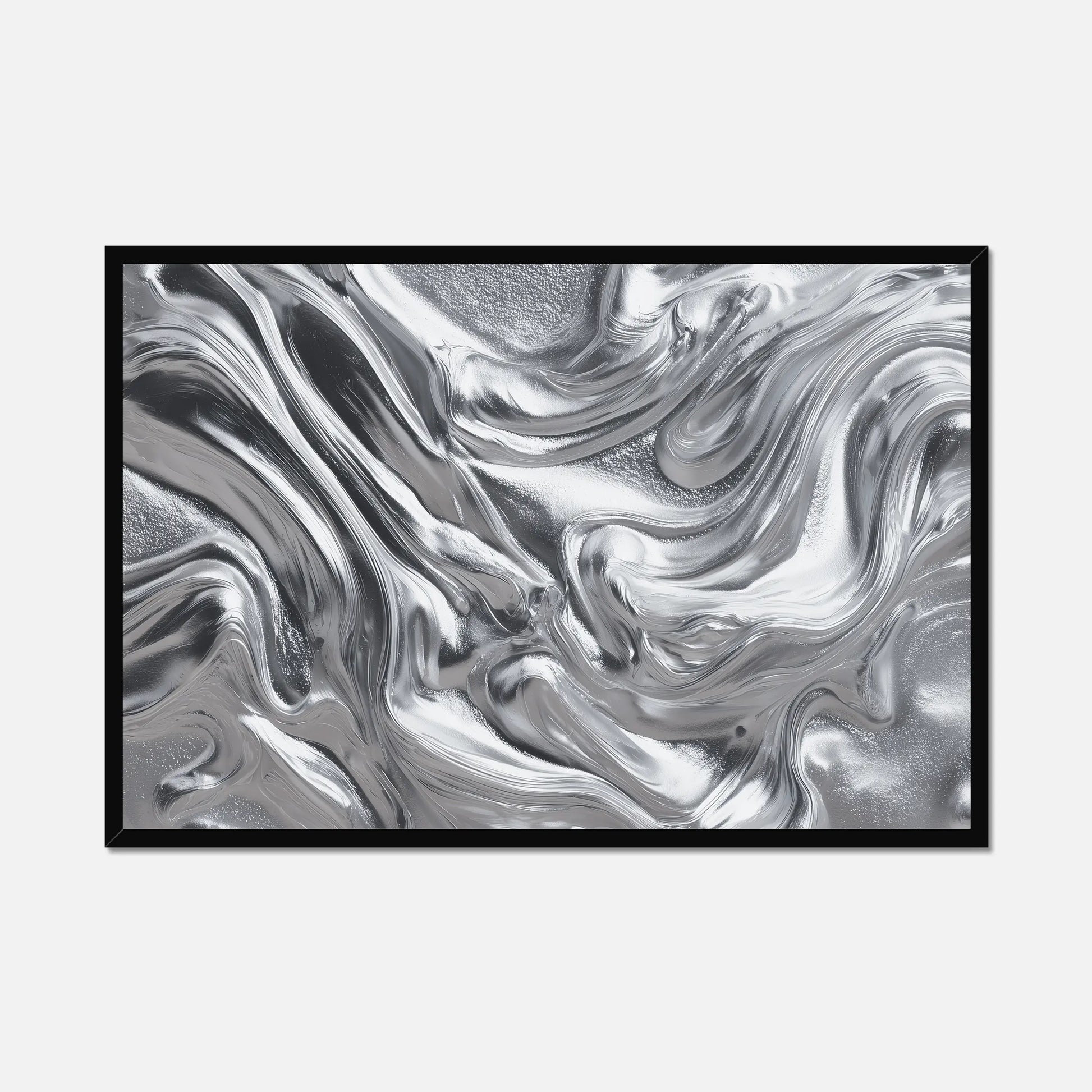 Abstract black framed wall art featuring a metallic silver and black fluid swirl pattern, presented against a light grey background.