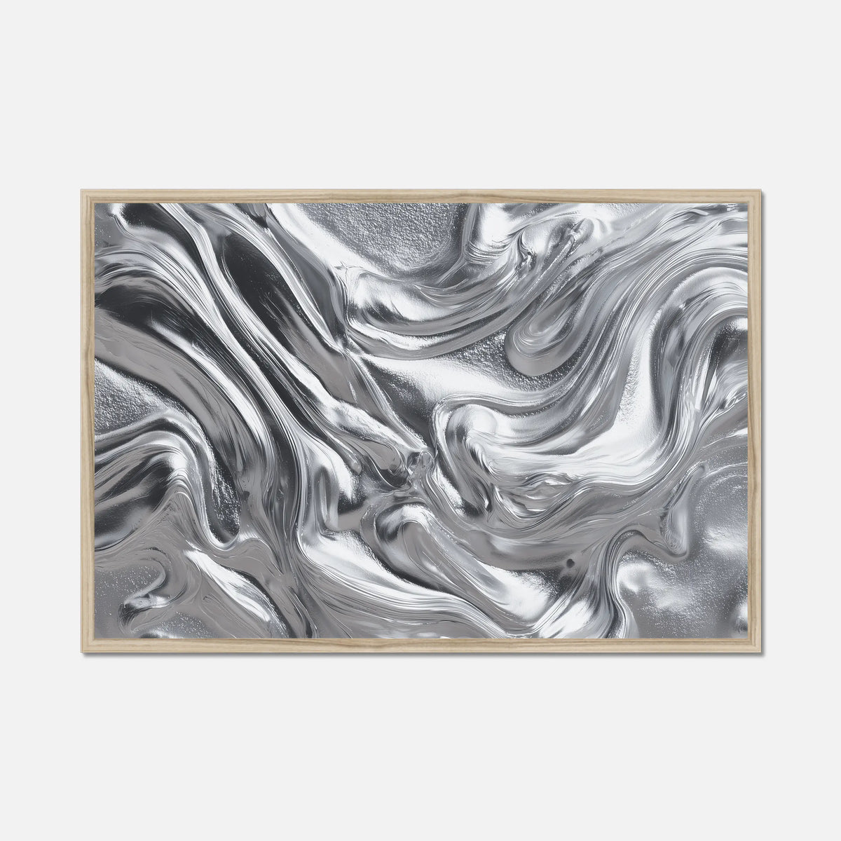 Abstract natural oak framed wall art featuring a metallic silver and black fluid swirl pattern, presented against a light grey background.