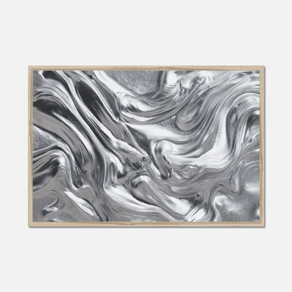 Abstract natural oak framed wall art featuring a metallic silver and black fluid swirl pattern, presented against a light grey background.