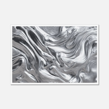 Abstract white framed wall art featuring a metallic silver and black fluid swirl pattern, presented against a light grey background.