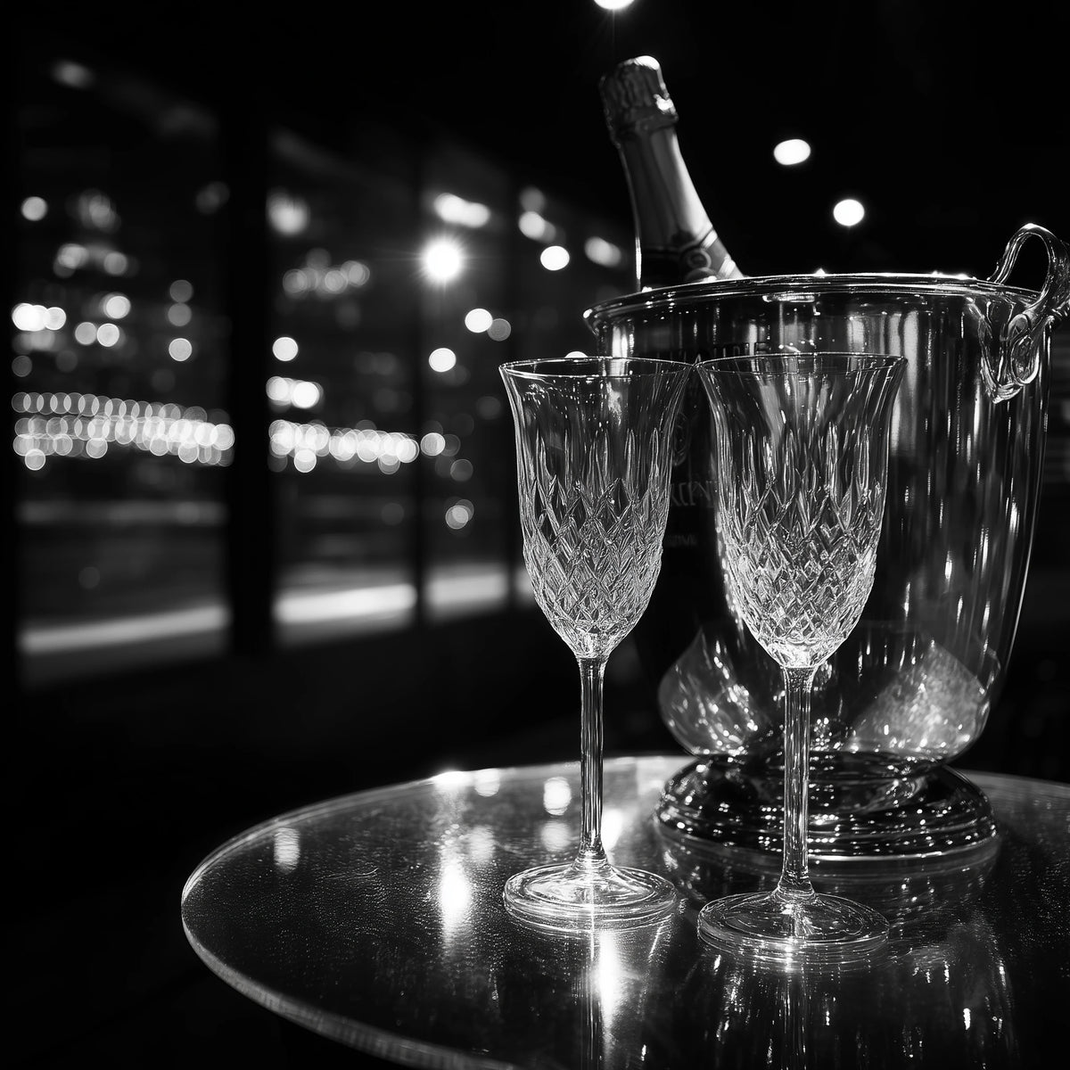 A black and white photograph of a crystal ice bucket with a champagne bottle inside and two cut-crystal champagne flutes on a reflective round table, set against a blurred nighttime city window background.
