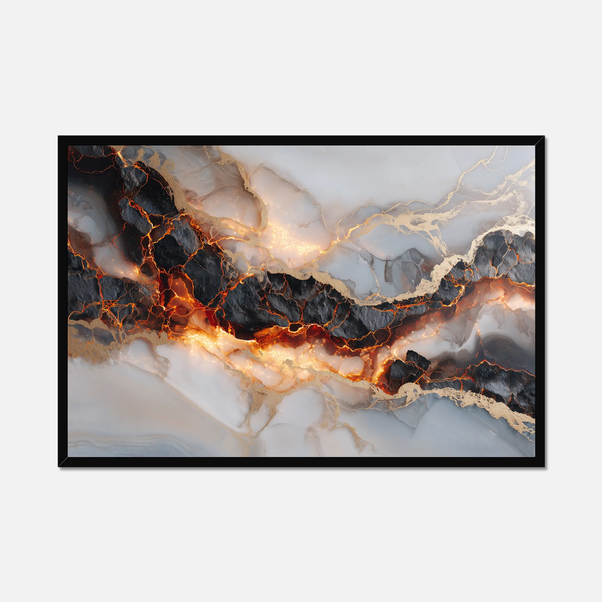 Abstract art piece featuring white marble, black scorches and fiery molten streams with a black frame on a white background