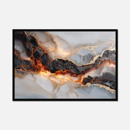 Abstract art piece featuring white marble, black scorches and fiery molten streams with a black frame on a white background