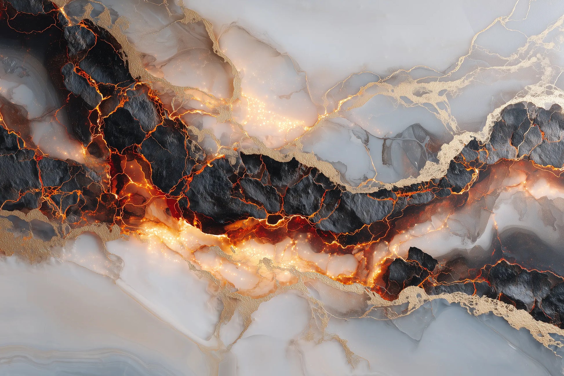 Abstract marble texture with flowing white, gray, black, and warm gold veining, resembling polished stone or a decorative surface print.