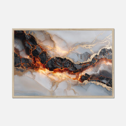 Abstract art piece featuring white marble, black scorches and fiery molten streams with a natural oak frame on a white background