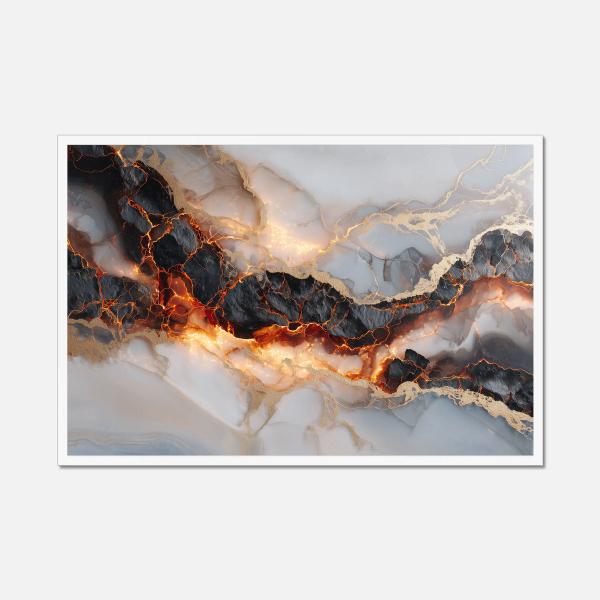 Abstract art piece featuring white marble, black scorches and fiery molten streams with a white frame on a white background