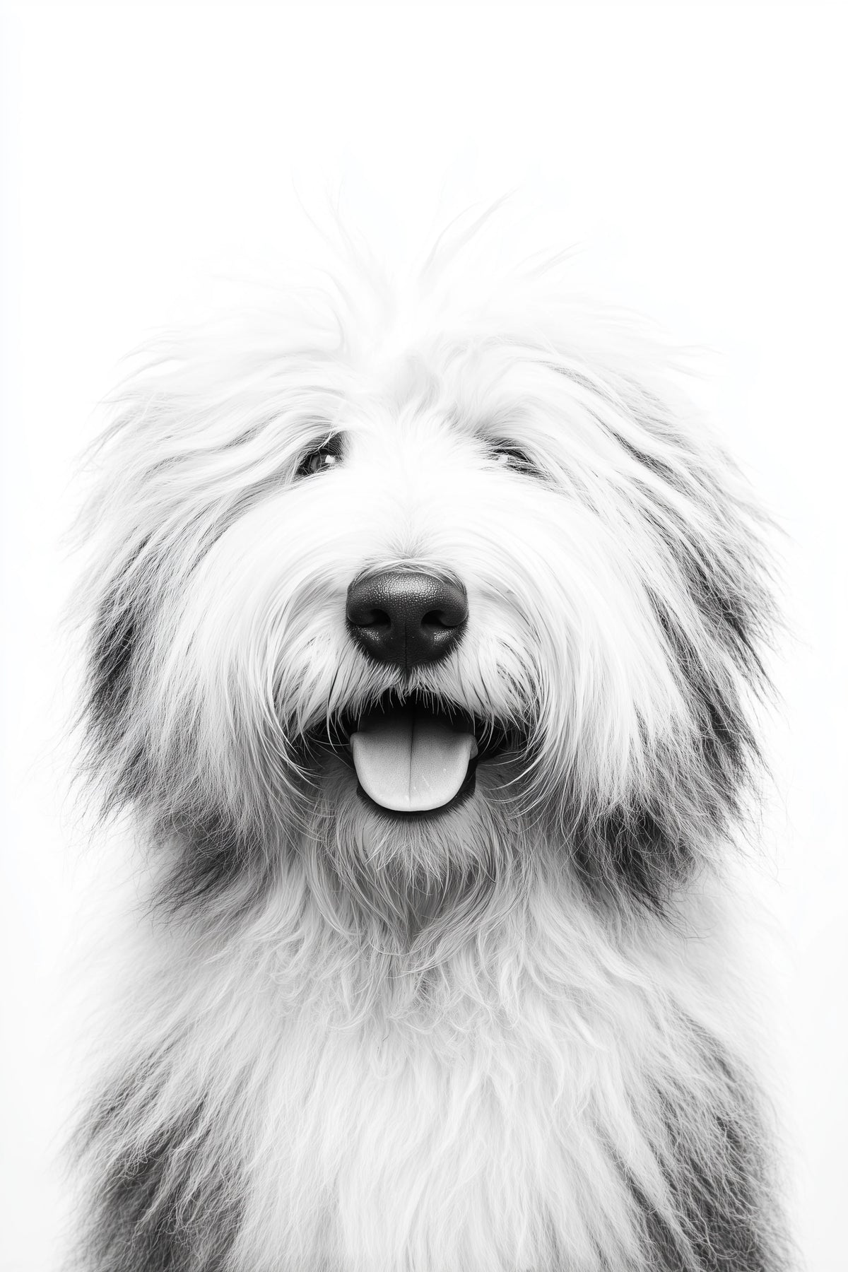 A black and white close-up portrait of a fluffy dog with its mouth open, set against a plain white background.