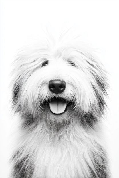 A black and white close-up portrait of a fluffy dog with its mouth open, set against a plain white background.