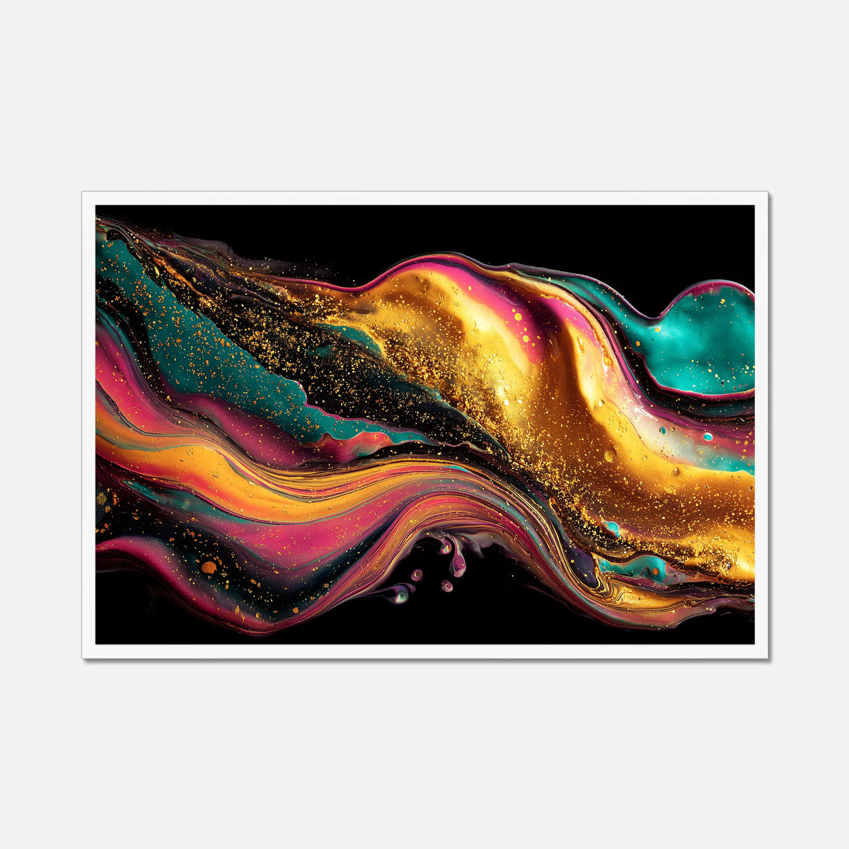 White framed abstract art print with colorful wavy design featuring yellow, pink, turquoise and pink on a black background