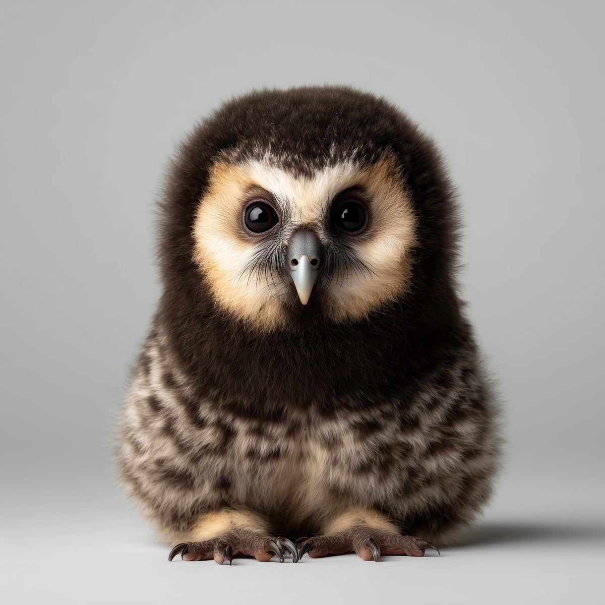 A fluffy owl chick with large dark eyes, a cream-colored face, and dark brown and gray mottled feathers, sitting against a plain light gray background.