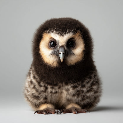 A fluffy owl chick with large dark eyes, a cream-colored face, and dark brown and gray mottled feathers, sitting against a plain light gray background.