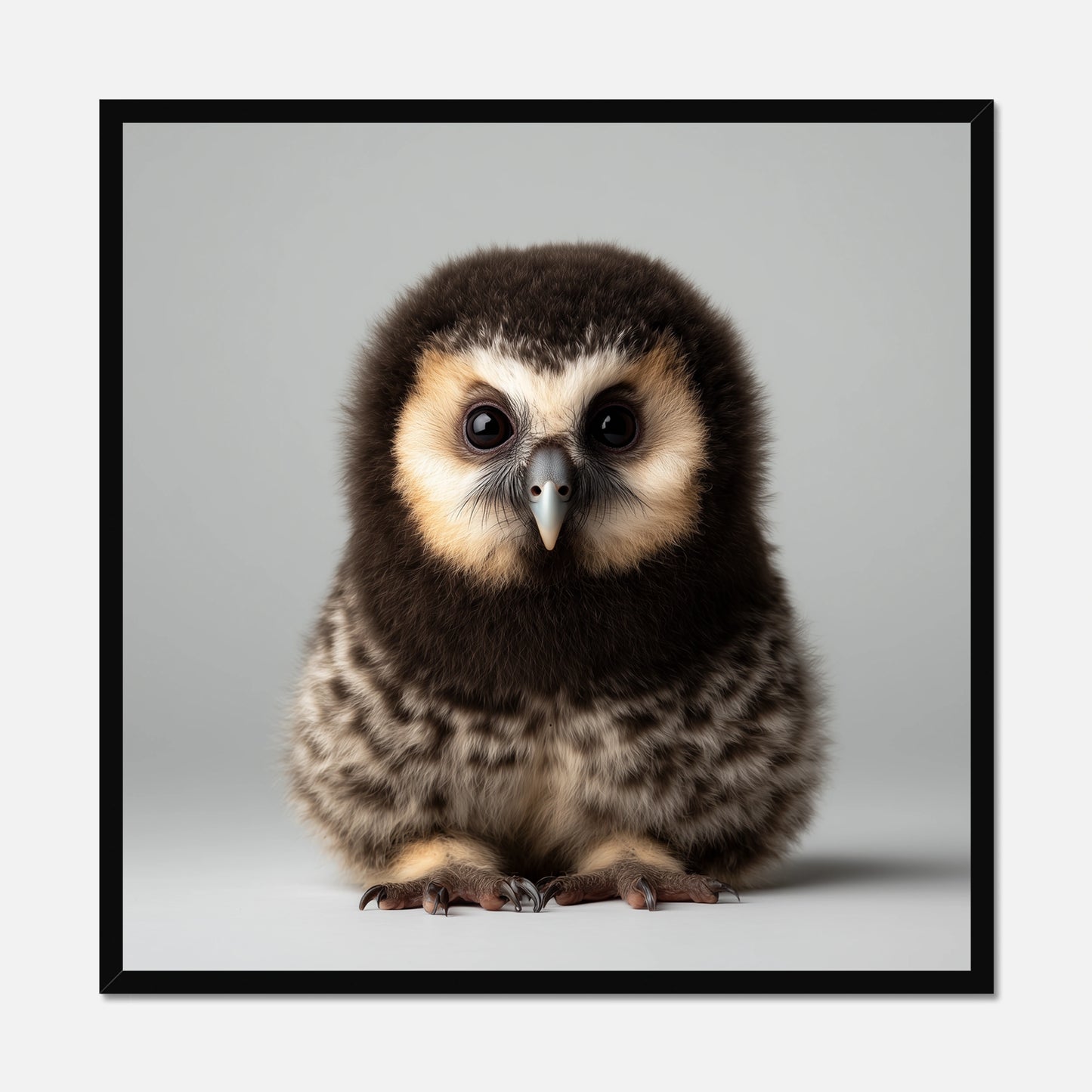 Black framed picture of a baby owl on a gray background