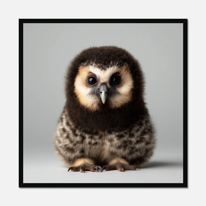 Black framed picture of a baby owl on a gray background
