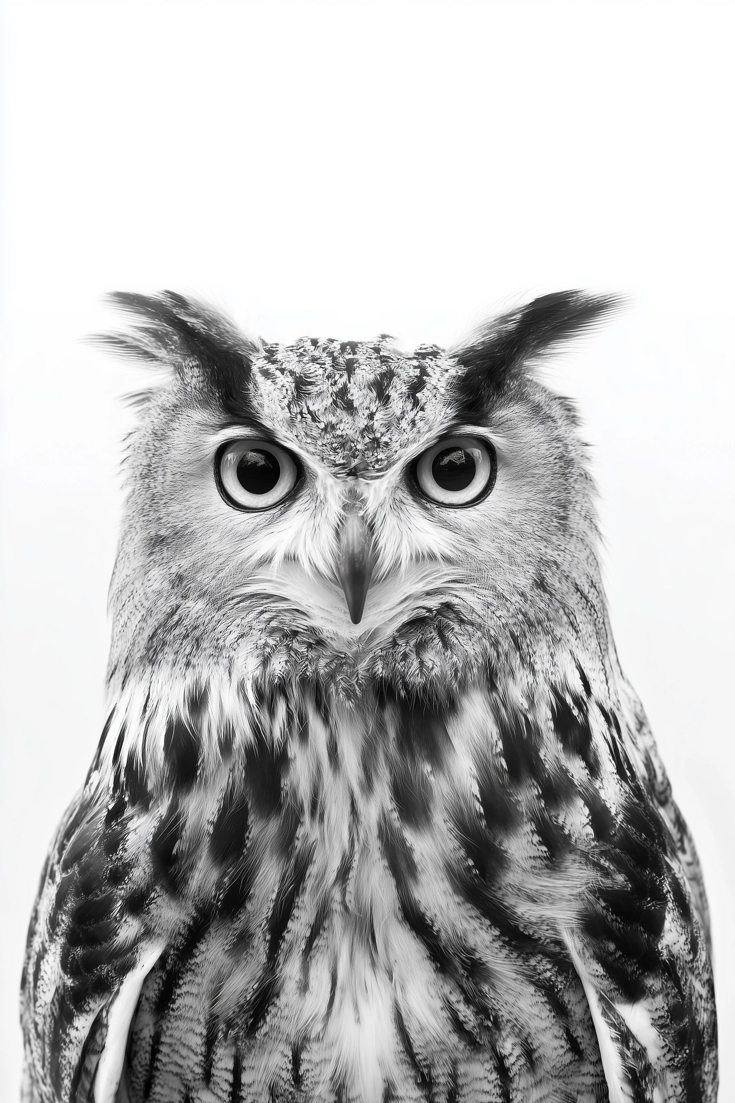A black and white close-up photograph of an owl's face and upper body against a plain white background.