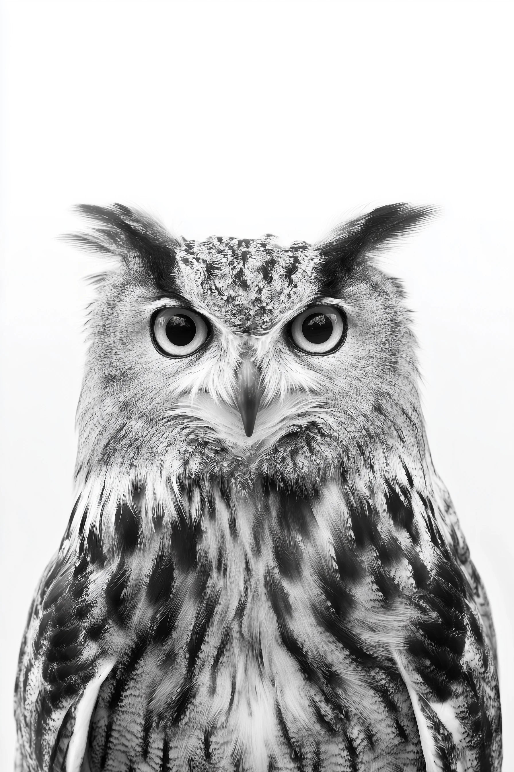 A black and white close-up photograph of an owl's face and upper body against a plain white background.