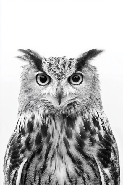 A black and white close-up photograph of an owl's face and upper body against a plain white background.