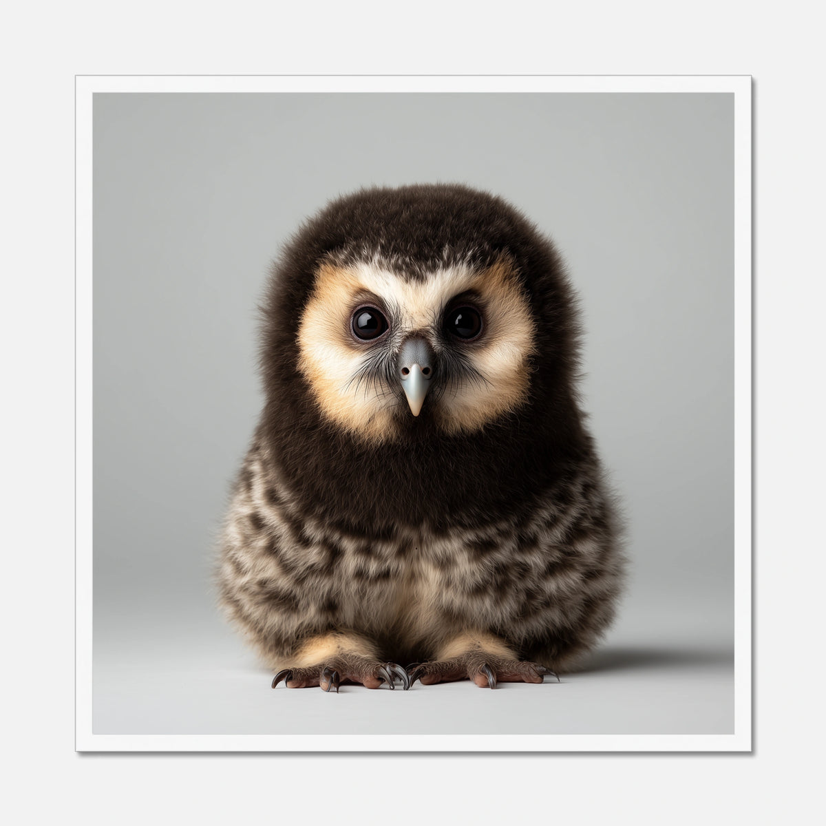 White framed picture of a baby owl on a gray background