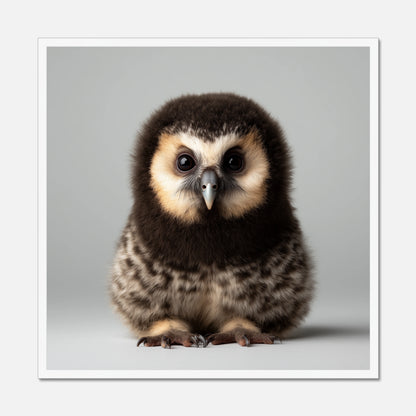 White framed picture of a baby owl on a gray background