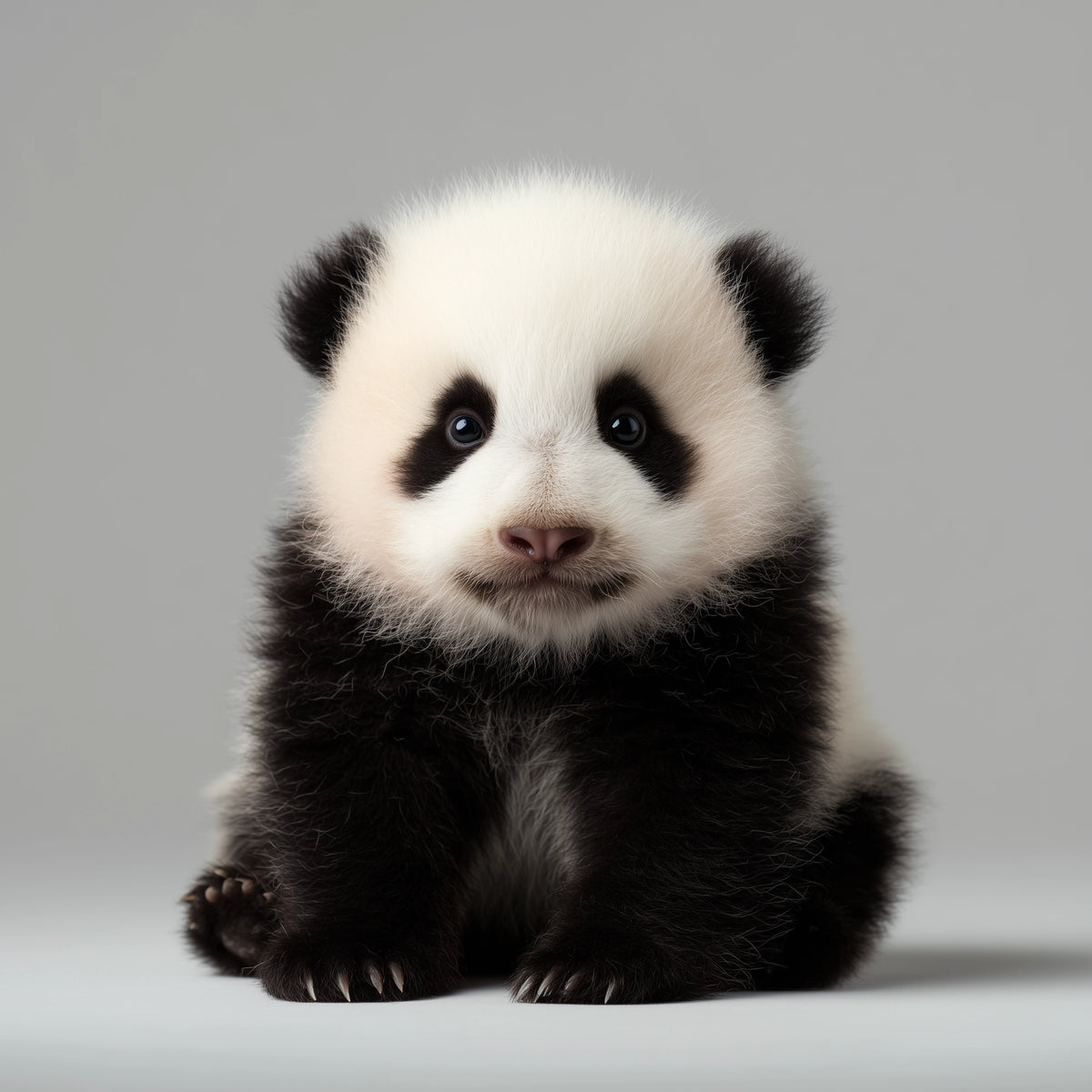 A cute baby panda cub sitting upright against a solid light gray studio background.