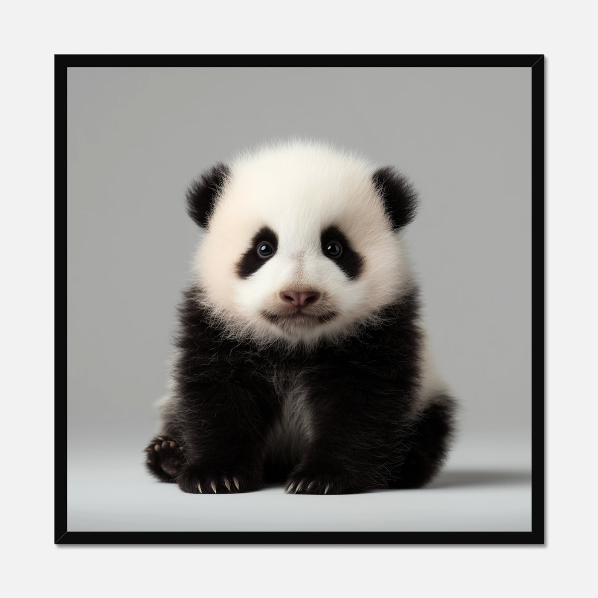 Black framed photograph of a baby panda on a gray background