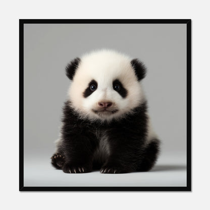 Black framed photograph of a baby panda on a gray background