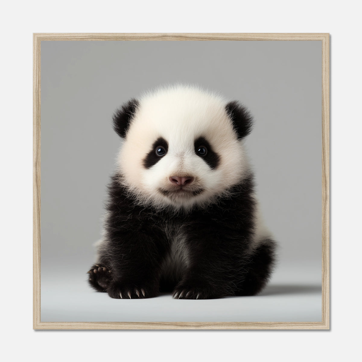 Natural oak framed photograph of a baby panda on a gray background
