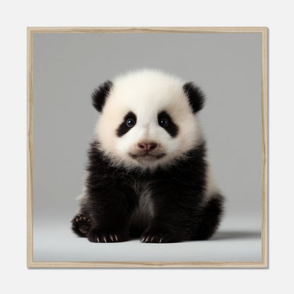 Natural oak framed photograph of a baby panda on a gray background