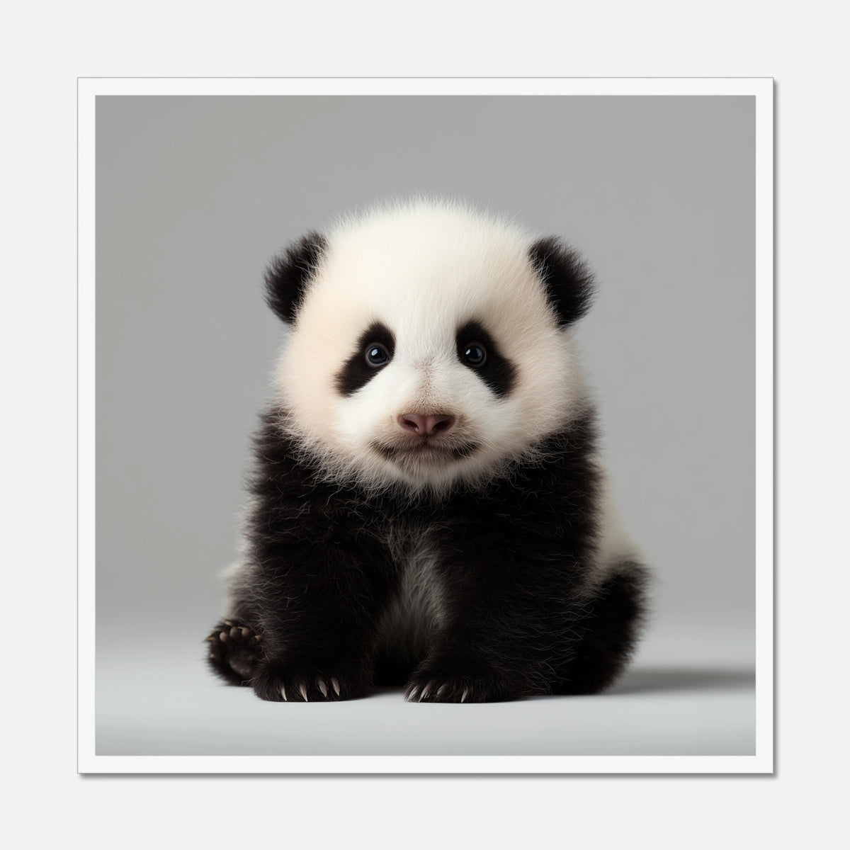 White framed photograph of a baby panda on a gray background