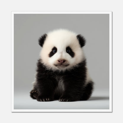 White framed photograph of a baby panda on a gray background