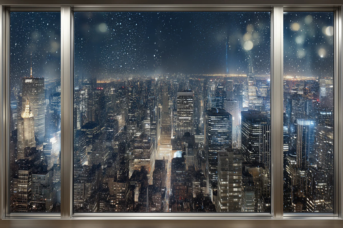 A large multi-pane window view of a dense city skyline at night, with snow or raindrops on the glass and glowing buildings in the distance.