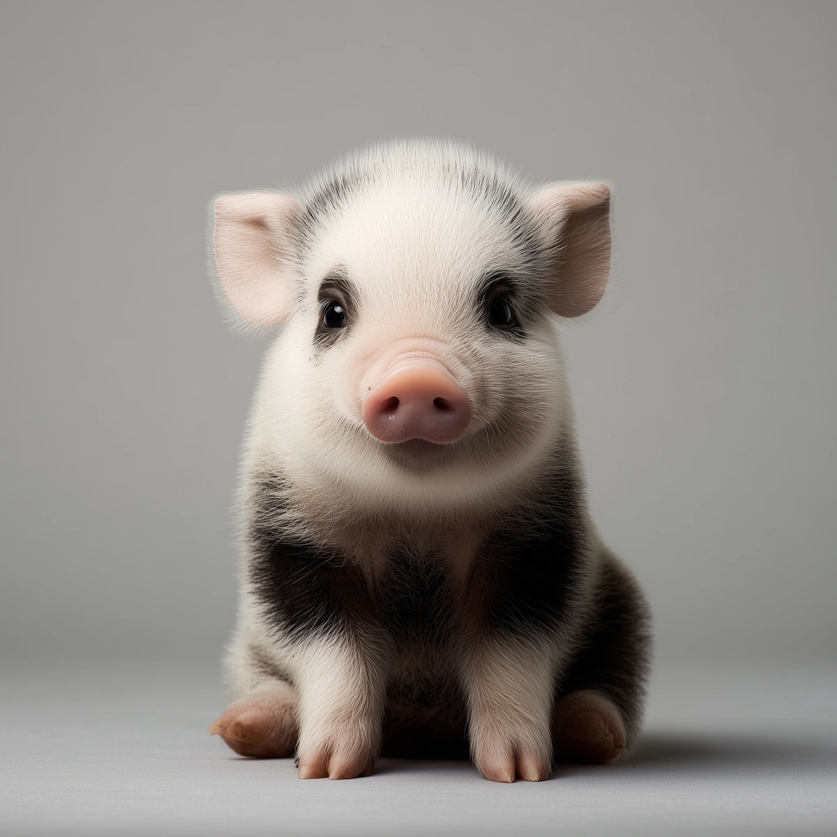 A small piglet with black and white patches and a pink snout, sitting upright against a plain light gray studio background.