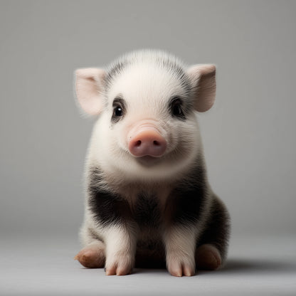 A small piglet with black and white patches and a pink snout, sitting upright against a plain light gray studio background.