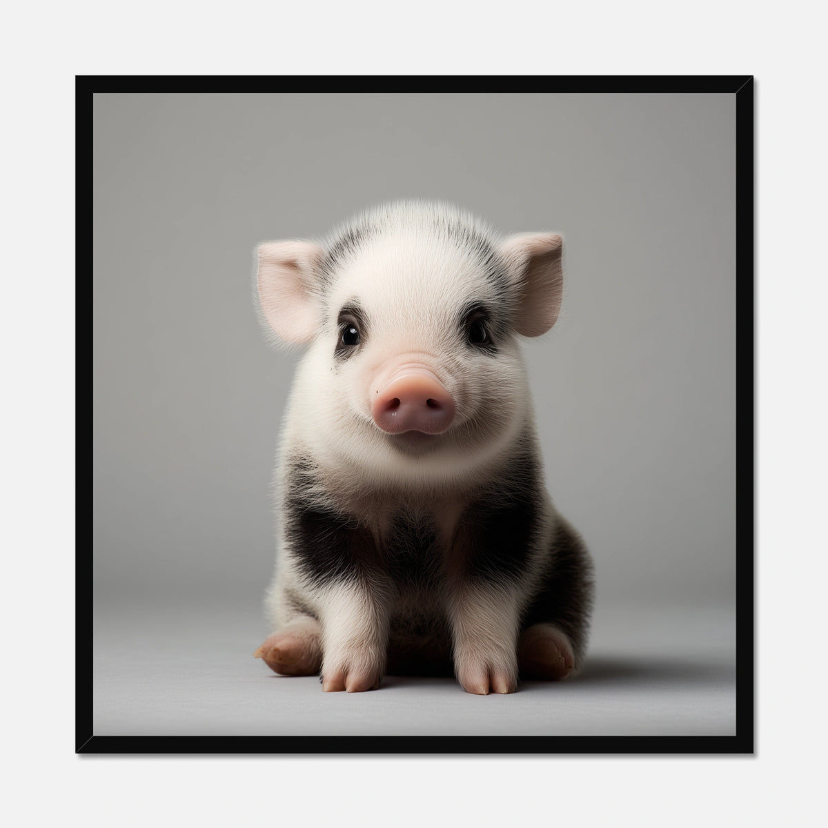 Black framed wall art of a small piglet on a gray background