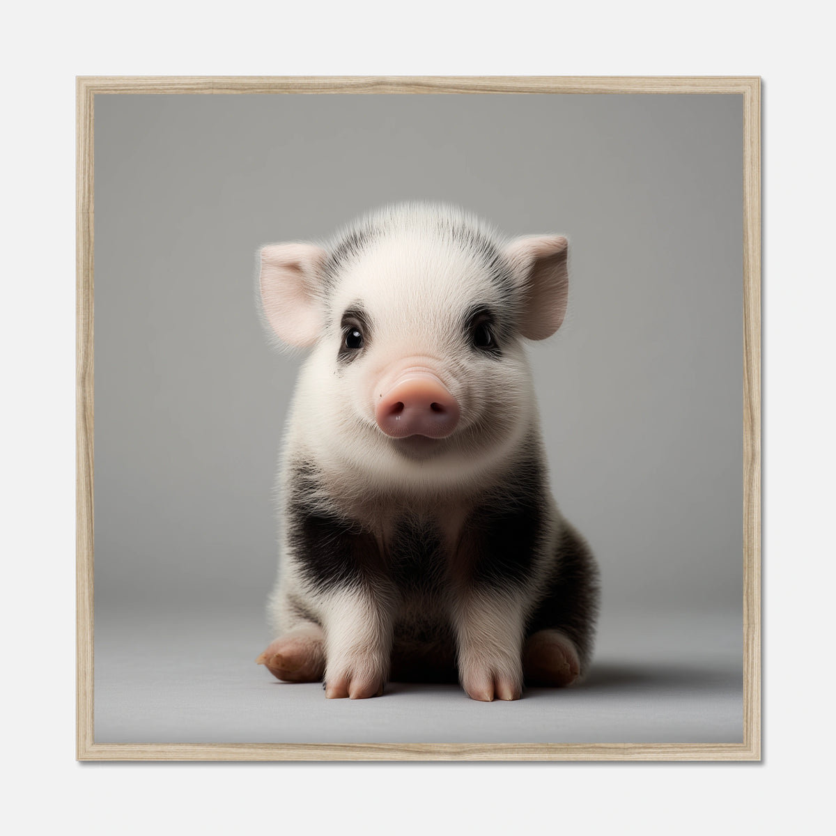 Natural oak framed wall art of a small piglet on a gray background