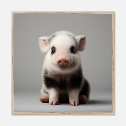 Natural oak framed wall art of a small piglet on a gray background