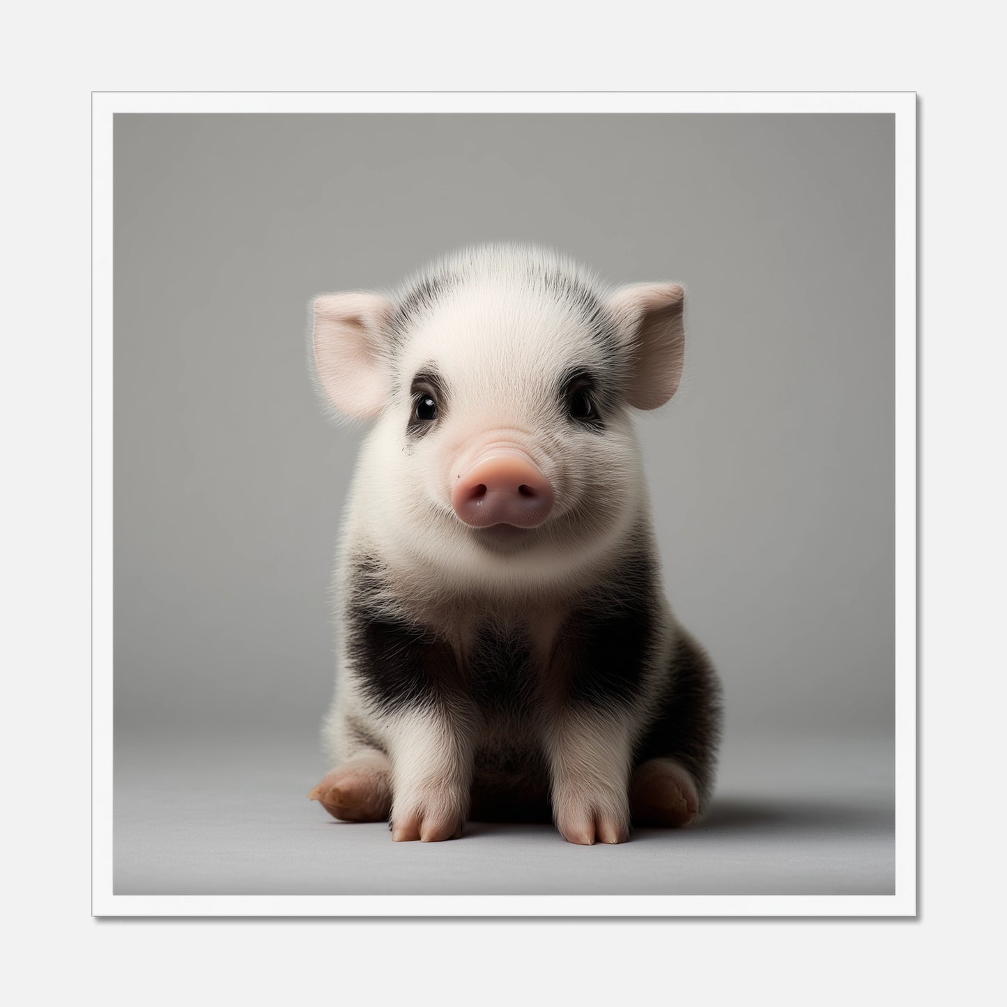 White framed wall art of a small piglet on a gray background