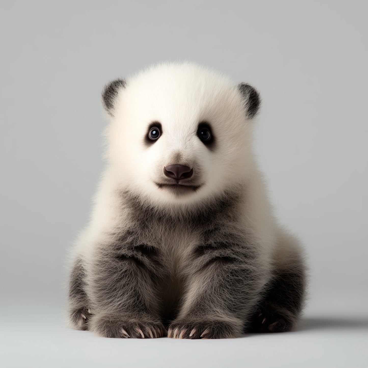 A studio photo of a baby panda on a grey background