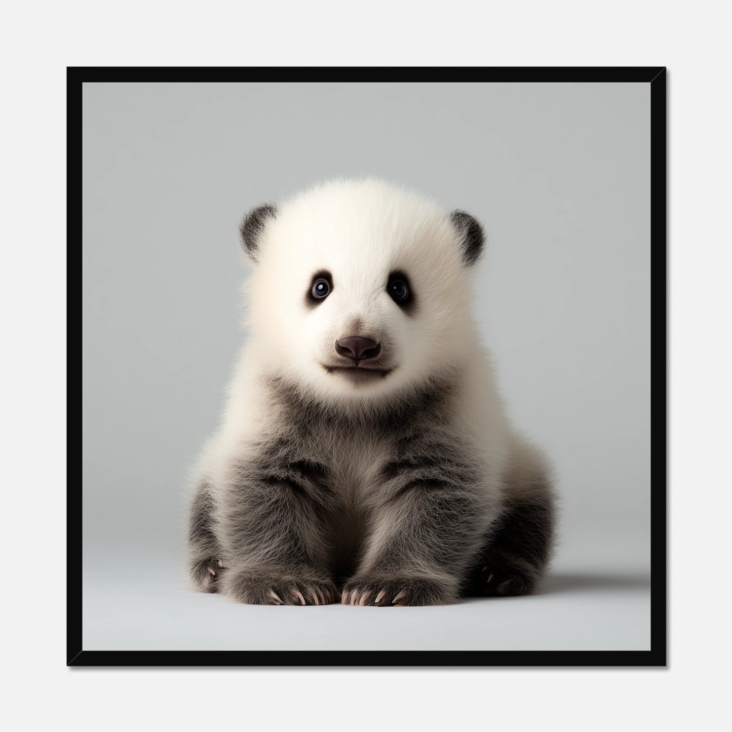 Black framed print of a cute panda cub sitting on a light gray background