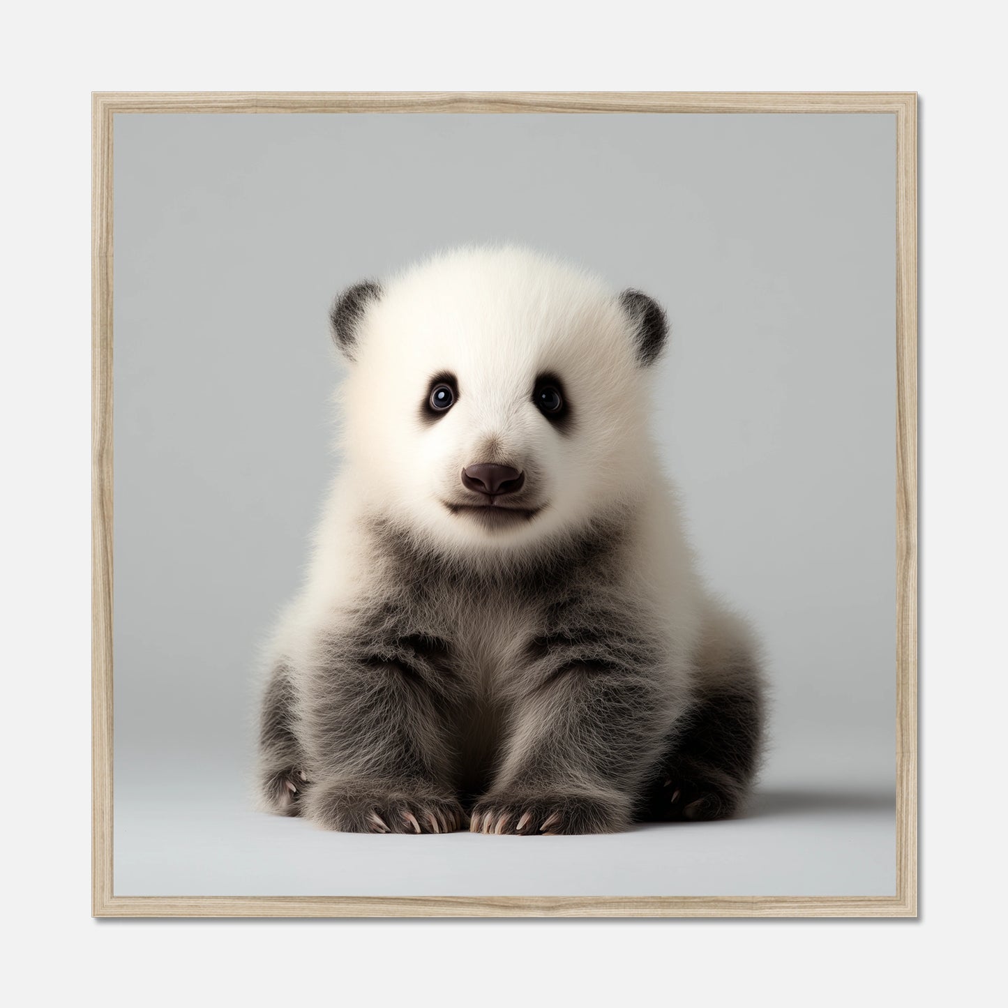 Natural oak framed print of a cute panda cub sitting on a light gray background