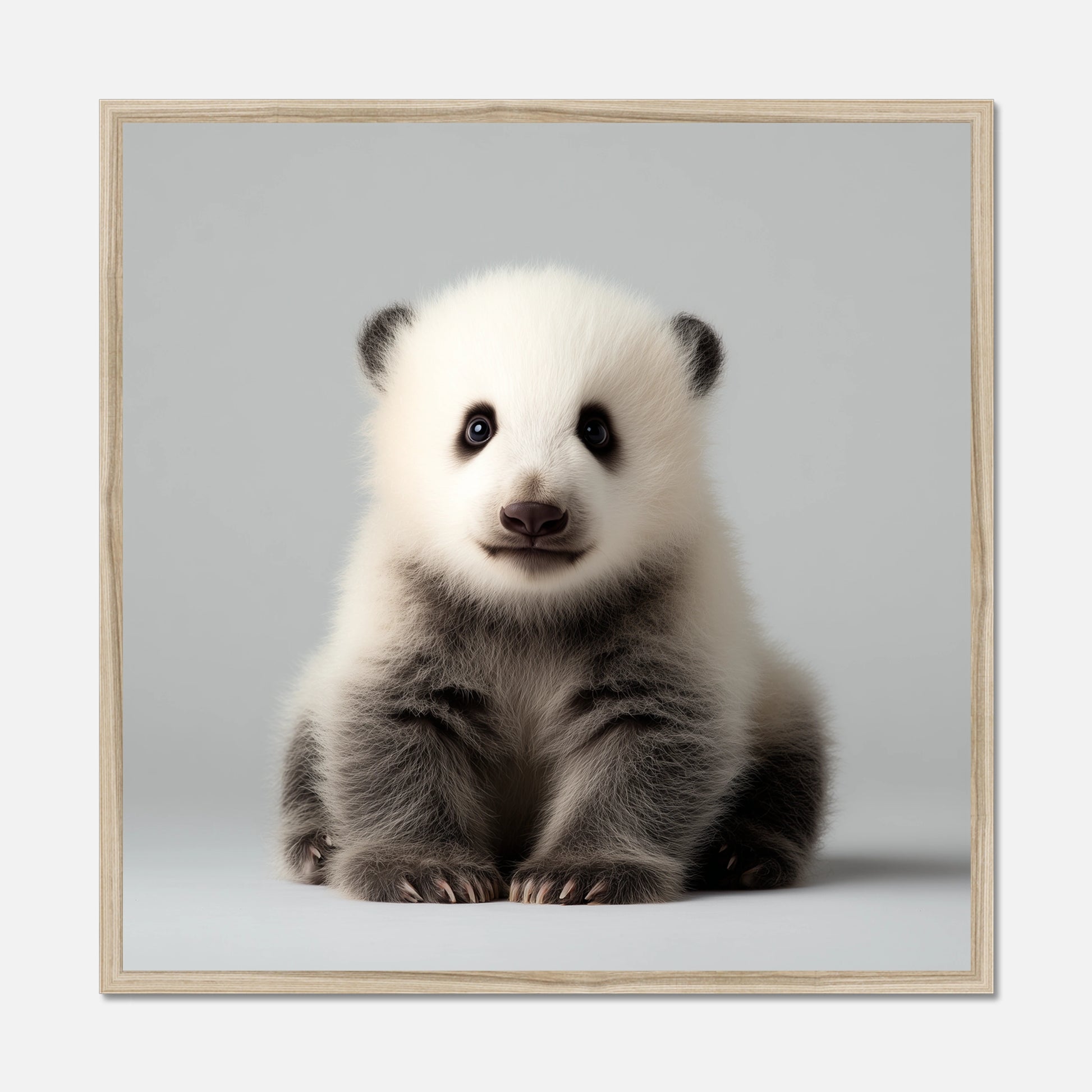 Natural oak framed print of a cute panda cub sitting on a light gray background
