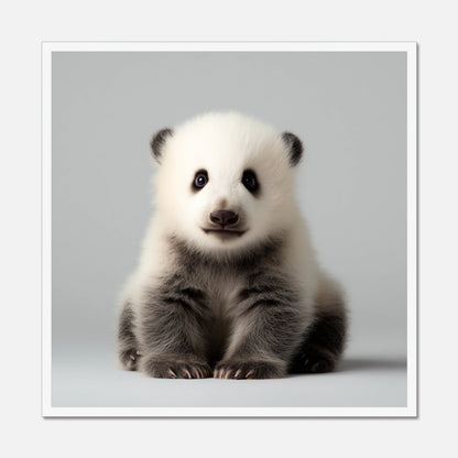 White framed print of a cute panda cub sitting on a light gray background