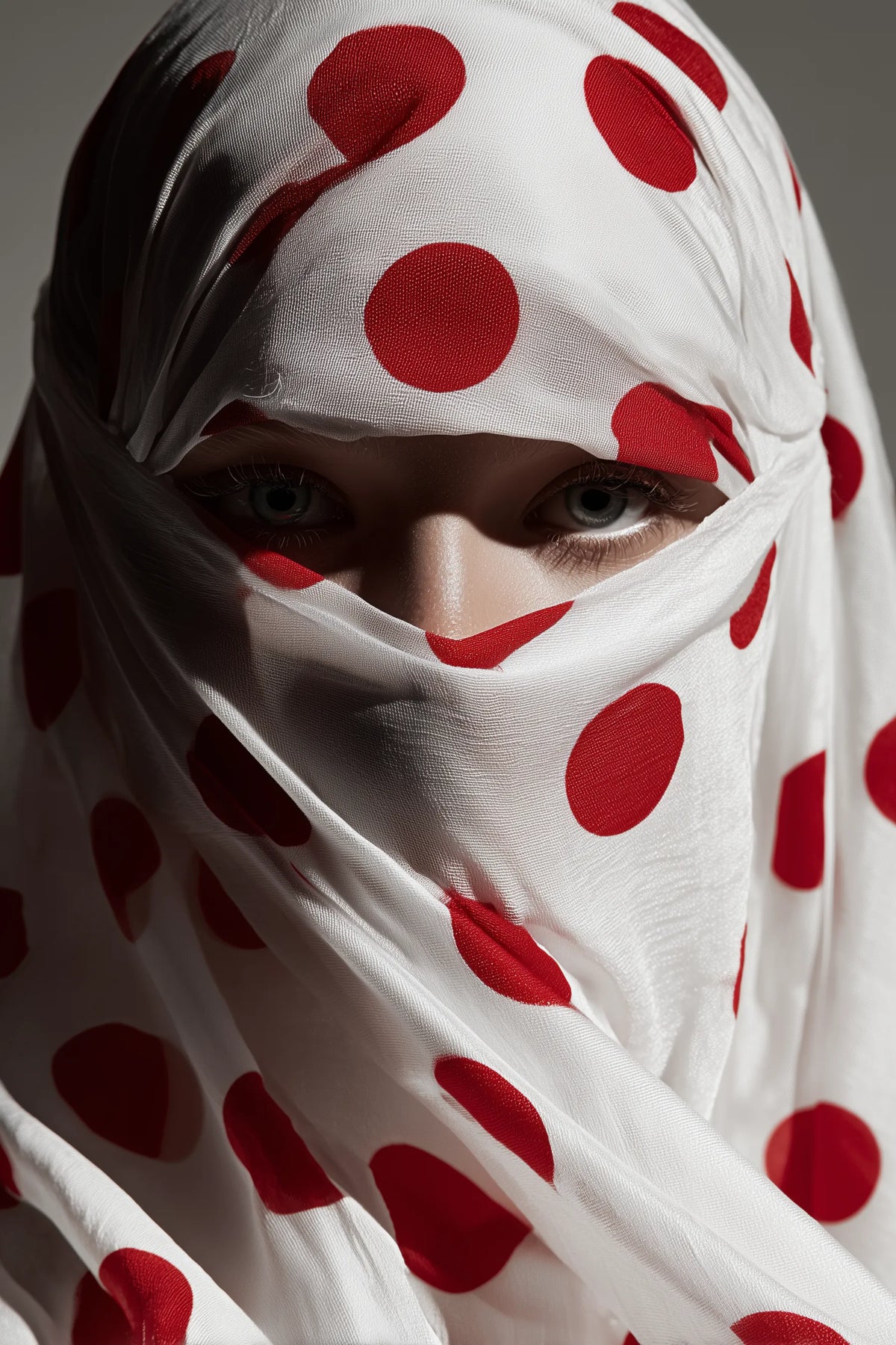 A close-up portrait of a person wearing a white headscarf or niqab with large red polka dots, with only the eyes visible against a dark gray background.