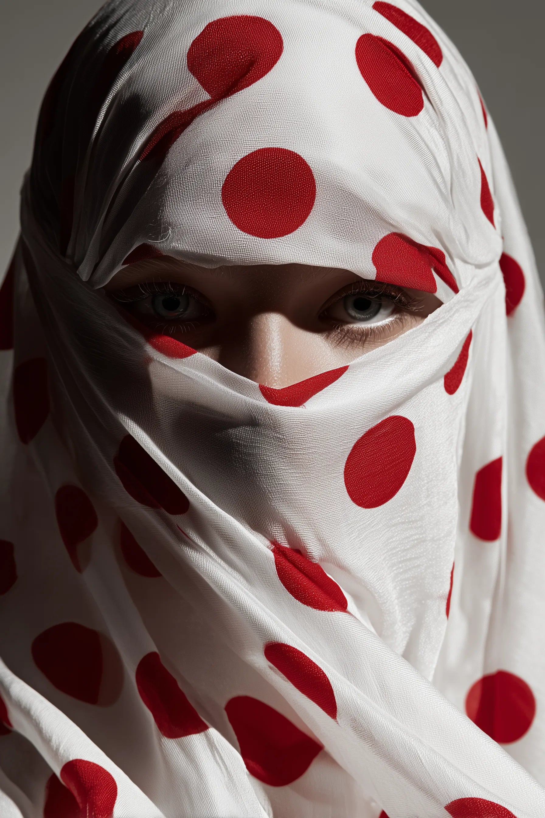 A close-up portrait of a person wearing a white headscarf or niqab with large red polka dots, with only the eyes visible against a dark gray background.