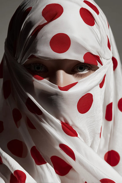 A close-up portrait of a person wearing a white headscarf or niqab with large red polka dots, with only the eyes visible against a dark gray background.