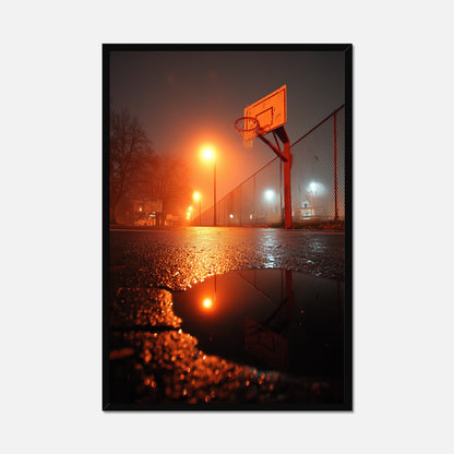 Basketball hoop on a wet court at night with orange lights